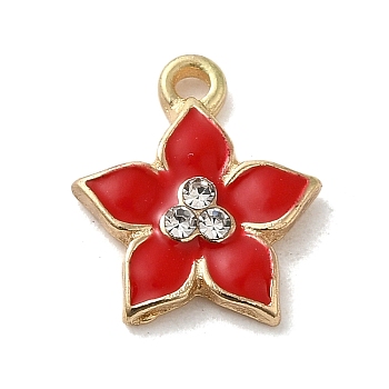 Flower Alloy Enamel Pendants, with Rhinestone, Light Gold, Red, 13.5x12.5x2.5mm, Hole: 1.4mm