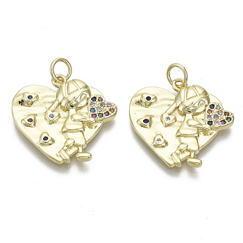 Brass Micro Pave Cubic Zirconia Pendants, Nickel Free, with Jump Rings, for Mother's Day, Heart with Boy, Colorful, Real 18K Gold Plated, 19.5x20.5x3mm, Jump Ring: 5x0.6mm, inner diameter: 3mm