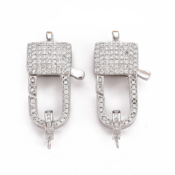 Brass Micro Pave Clear Cubic Zirconia Lobster Claw Clasps,  Cadmium Free & Nickel Free & Lead Free, Rectangle, Real Platinum Plated, 26.5x14.5x5.5mm, Hole: 1.5x2mm, Tube Bails, 10x7.5x2mm, hole: 1.4mm