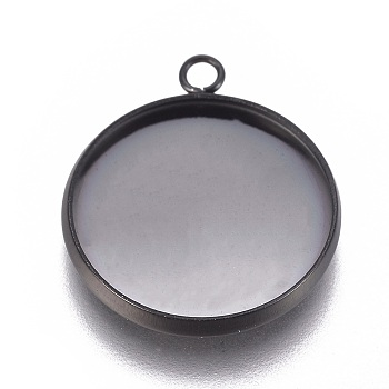 304 Stainless Steel Pendant Cabochon Settings, Plain Edge Bezel Cups, Flat Round, Electrophoresis Black, Tray: 16mm, 20.5x17.5x2mm, Hole: 1.8mm