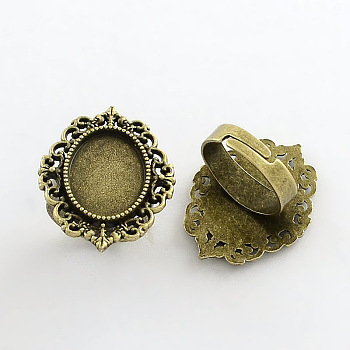 Vintage Adjustable Iron Finger Ring Components Alloy Cabochon Bezel Settings, Lead Free & Cadmium Free & Nickel Free, Antique Bronze, 17x5mm, Oval Tray: 18x13mm