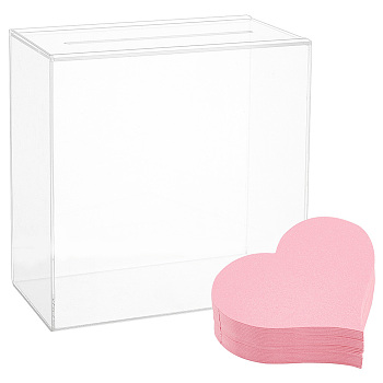 Rectangle Acrylic Wedding Card Box, Wedding Cards Holder Case, with 100Pcs Heart Paper Cards for Reception, Wedding Money Box, Clear, 13x24x24.1cm, 1pc