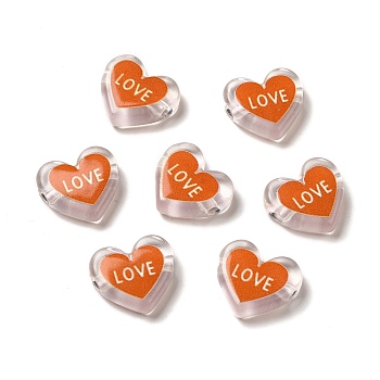 Printed Transparent Acrylic Beads, Heart with LOVE, Orange, 17.5x20x5mm, Hole: 3mm