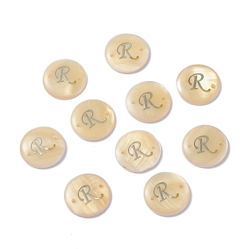 (Defective Closeout Sale: Yellowing), Freshwater Shell Links Connectors, with Platinum Brass Findings, Flat Round with Letter, Letter.R, 20x3mm, Hole: 1.4mm