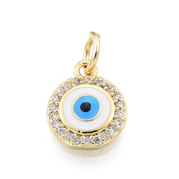 Brass Micro Pave Clear Cubic Zirconia Charms, with Enamel and Jump Rings, Golden, Flat Round with Evil Eye, White, 11x9.5x2mm, Hole: 3mm