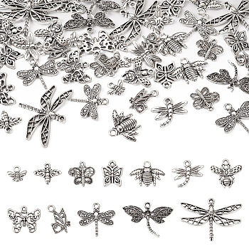 Pandahall 48Pcs 12 Style Tibetan Style Alloy Pendants, Dragonfly & Bee & Butterfly, Antique Silver, 10~25x10~35x1.5~3mm, Hole: 1.2~2.5mm, 4pcs/style