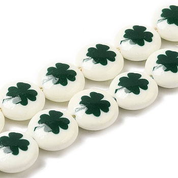 Printed Synthetic White Jade Beads Strands, Flat Round, Clover, 12x5mm, Hole: 1.5mm, about 32pcs/strand, 14.57''(37cm)