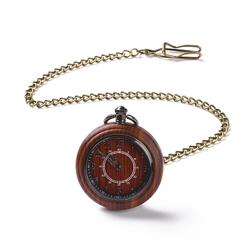 Ebony Wood Pocket Watch with Brass Curb Chain and Clips, Flat Round Electronic Watch for Men, Brown, 16-3/8~17-1/8 inch(41.7~43.5cm)