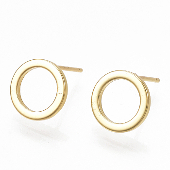 Brass Stud Earrings, Ring, Real 18K Gold Plated, 10mm, Pin: 0.7mm