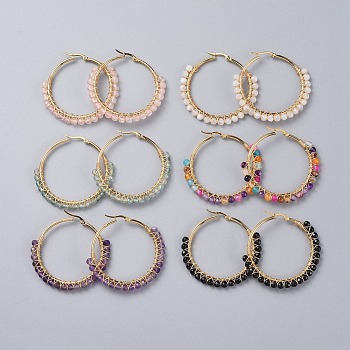Beaded Hoop Earrings, with Natural Gemstone Beads,  Golden Plated 304 Stainless Steel Hoop Earrings, 50mm, Pin: 0.6x1mm
