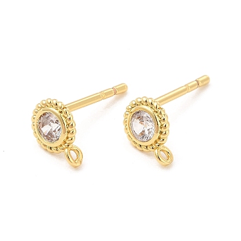 Brass Micro Pave Cubic Zirconia Stud Earring Findings, with Vertical Loops, Flat Round, Cadmium Free & Lead Free, Real 18K Gold Plated, 7.5x5.5mm, Hole: 0.8mm, Pin: 0.8mm