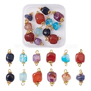 12Pcs 4 Colors Natural Agate Dyed Beads Connector Charms, Nuggets Charms with Golden Plated Alloy Spacer Flower Beads and Brass Loops, Mixed Color, 17.2~20x10~11.5x8.5~10mm, Hole: 1.6~3.3x2.2mm, 3pcs/color(FIND-YW0003-73)