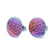 Ion Plating(IP) 304 Stainless Steel Textured Flat Round Stud Earrings for Women, Rainbow Color, 15mm, Pin: 0.8mm(EJEW-I285-03MC)