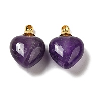 Natural Amethyst Perfume Bottle Pendants, Heart Charms with Golden Plated 304 Stainless Steel Findings, 28x20x12mm, Hole: 2mm(G-Z039-03G-03)