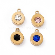 304 Stainless Steel Pendants, with Rhinestone, Flat Round, Mixed Color, 10.5x8x3.5mm, Hole: 1.4mm(STAS-P310-23G)