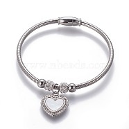 304 Stainless Steel Charms Bangles, with Polymer Clay Rhinestone, Shell and Magnetic Clasps, Heart, Stainless Steel Color, 2-1/4 inchx2 inch(5.67x5.25cm)(BJEW-P258-05P)