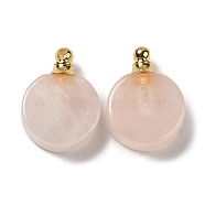 Natural Rose Quartz Perfume Bottle Pendants, Flat Round Charms with Golden Plated 304 Stainless Steel Findings, 27.5x20x7~7.5mm, Hole: 2mm(G-Z039-02G-02)