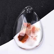 Transparent Glass Pendants, with Natural Carnelian Chip Beads inside and Epoxy Resin Bottom, Teardrop, 30x20x8mm, Hole: 1.5mm(GGLA-S036-04C)