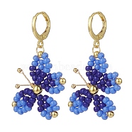 Glass Braided Butterfly Dangle Leverback Earrings, Gold Plated Brass Wire Wrap Jewelry for Women, Medium Blue, 42mm, Pin: 0.9mm(EJEW-TA00127-01)