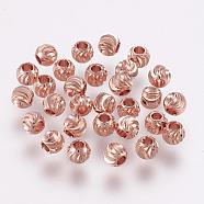 Brass Spacer Beads, Long-Lasting Plated, Corrugated Round, Rose Gold, 5x4mm, Hole: 2mm(KK-G312-01RG-5mm-RG)