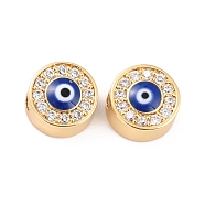 Brass Micro Pave Clear Cubic Zirconia Beads, with Enamel, Flat Round with Evil Eye, Real 18K Gold Plated, 9.5x5.5mm, Hole: 2.5mm(ZIRC-Z017-02G)