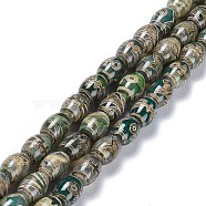 Tibetan Style dZi Beads Strands, Natural Agate Beads, Dyed & Heated, Oval, Human Pattern, 13~14x9.5~10mm, Hole: 1.2mm, about 25pcs/strand, 13.39''(34cm)(TDZI-E005-01L)