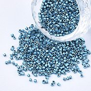 Glass Cylinder Beads, Seed Beads, Metallic Colours, Round Hole, Steel Blue, 1.5~2x1~2mm, Hole: 0.8mm, about 8000pcs/bag, about 85~95g/bag(SEED-Q036-01A-C03)