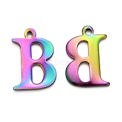Ion Plating(IP) 304 Stainless Steel Alphabet Charms, Rainbow Color, Letter.B, 12x8x1mm, Hole: 1mm(STAS-H122-B-M)