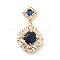 Brass Micro Pave Clear Cubic Zirconia Pendants, with Glass, Rhombus, Real 18K Gold Plated, Dark Blue, 30.5mm, Hole: 6x1.5mm(KK-I695-017B)