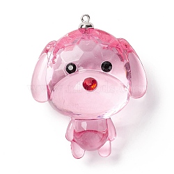 Transparent Acrylic Rhinestone Big Pendants, with Alloy Findings, Dog, Hot Pink, 52x42x30mm, Hole: 1.6mm(TACR-P002-01D)