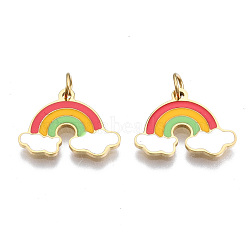 316 Surgical Stainless Steel Enamel Charms, with Jump Rings, Rainbow with Cloud, Colorful, Real 14K Gold Plated, 11x15x1mm, Jump Ring: 3.8x0.6mm, 2.6mm inner diameter(STAS-S116-403G)
