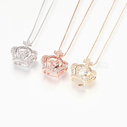 Brass Pendant Necklaces, with Cubic Zirconia, Lead Free & Cadmium Free & Nickel Free, Long-Lasting Plated, Crown, Mixed Color, 16.92 inch(43cm), 0.6mm(NJEW-P222-03)