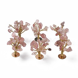 Natural Strawberry Quartz Chips Display Decorations, with Golden Plated Brass Wires, Lucky Tree, 24~27x32~41x33~42mm(G-Z016-13E)