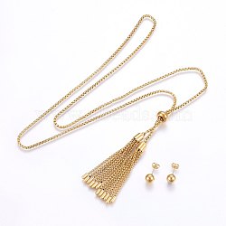 304 Stainless Steel Jewelry Sets, Pendant Necklaces and Stud Earrings, Tassel, Golden, 760x2mm(SJEW-O091-03G)
