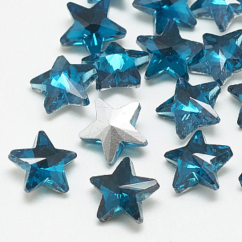 Pointed Back Glass Rhinestone Cabochons, Back Plated, Faceted, Star, Capri Blue, 9.5x10x5mm