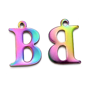 Ion Plating(IP) 304 Stainless Steel Alphabet Charms, Rainbow Color, Letter.B, 12x8x1mm, Hole: 1mm