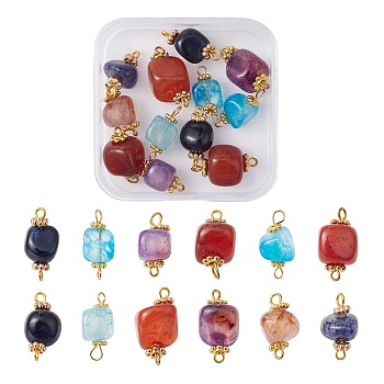 12Pcs 4 Colors Natural Agate Dyed Beads Connector Charms, Nuggets Charms with Golden Plated Alloy Spacer Flower Beads and Brass Loops, Mixed Color, 17.2~20x10~11.5x8.5~10mm, Hole: 1.6~3.3x2.2mm, 3pcs/color