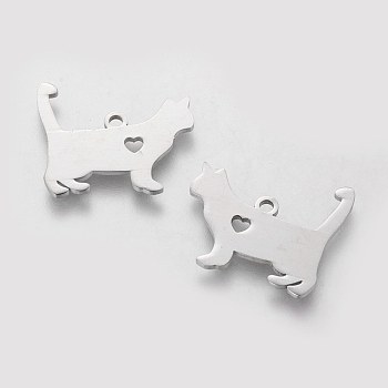 201 Stainless Steel Puppy Pendants, Silhouette Charms, Dog with Heart, Stainless Steel Color, 16x19x1.1mm, Hole: 1.5mm