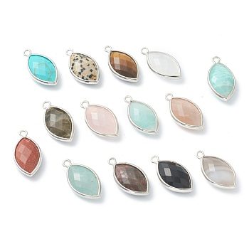 Mixed Gemstone Pendants, with Brass Edge, Faceted, Horse Eye, 22x12x5.5mm, Hole: 1.8mm