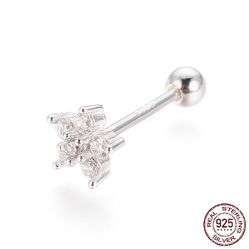 Rhodium Plated 925 Sterling Silver Barbell Cartilage Earrings, Screw Back Earrings, with Micro Pave Clear Cubic Zirconia, with 925 Stamp, Flower, Platinum, 5.5x6x3mm, Pin: 0.8mm
