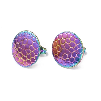 Ion Plating(IP) 304 Stainless Steel Textured Flat Round Stud Earrings for Women, Rainbow Color, 15mm, Pin: 0.8mm