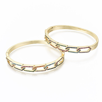Brass Micro Pave Cubic Zirconia Bangles, Nickel Free, Colorful, Real 16K Gold Plated, Inner Diameter: 2-3/8x1-2 inch(5.9x5cm), 7mm