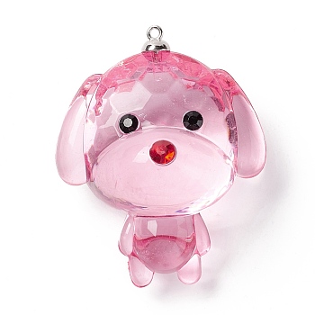 Transparent Acrylic Rhinestone Big Pendants, with Alloy Findings, Dog, Hot Pink, 52x42x30mm, Hole: 1.6mm