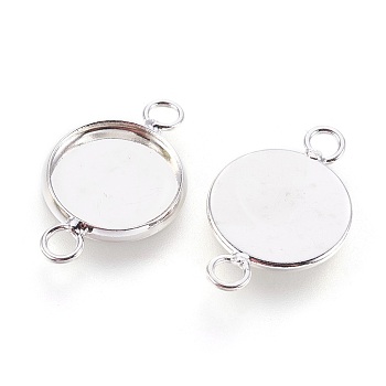 Brass Cabochon Connector Settings, Plain Edge Bezel Cups, Flat Round, Silver, Tray: 12mm, 22x14x2mm, Hole: 2mm