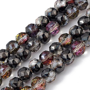 Transparent Electroplate Glass Beads Strands, Faceted, Round, Half Plated, Black, 9~10x9~9.5mm, Hole: 1.4mm, about 54~60pcs/strand, 18.90~21.65 inch(48~55cm)