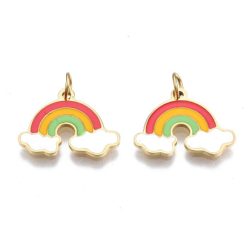 316 Surgical Stainless Steel Enamel Charms, with Jump Rings, Rainbow with Cloud, Colorful, Real 14K Gold Plated, 11x15x1mm, Jump Ring: 3.8x0.6mm, 2.6mm inner diameter