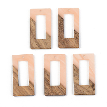 Opaque Resin & Walnut Wood Pendants, Rectangle, Light Salmon, 38x19.5x3mm, Hole: 2mm