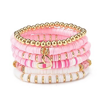 6Pcs 6 Style Polymer Clay Heishi Surfer Stretch Bracelets Set with Heart Charm, Stackable Preppy Bracelets for Women, Golden, Pink, Inner Diameter: 2-1/4 inch(5.6cm), 1pc/style