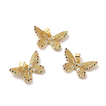 Rack Plating Brass Micro Pave Cubic Zirconia Pendants, Cadmium Free & Lead Free, Real 18K Gold Plated, Butterfly, Mixed Color, 13x22x2mm, Hole: 4x3.6mm