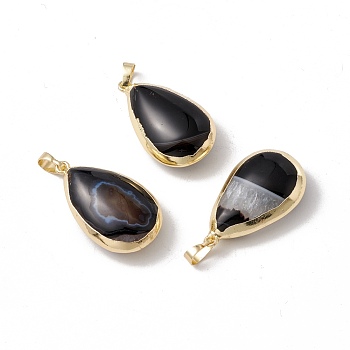 Natural Black Agate Pendants, with Light Gold Tone Brass Findings, Cadmium Free & Lead Free, Dyed & Heated, Teardrop, 35~36x20~21.5x11~13mm, Hole: 8x5mm